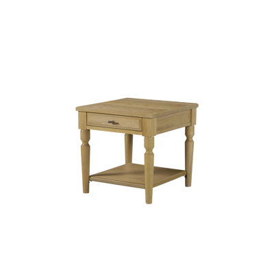 Table de bout en placage de style noix de cajou avec boîte de finition à un tiroir de couleur unique avec pieds tournés classiques intemporels et tablette de rangement inférieure ouverte en bois massif brun clair 24 po de profondeur 26 de largeur 24,7 po