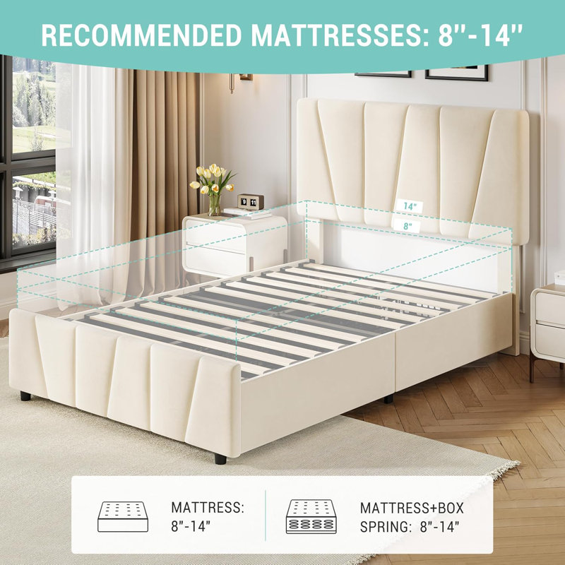 Twin Platform Bed Frame with Adjustable Headboard, Velvet Upholstery, Tufted Design, 2 Storage Drawers, Wooden Slats Support, Twin Size, Beige/Cream, Modern Bedroom