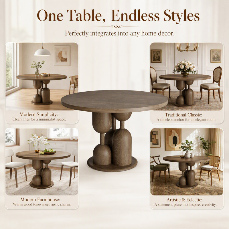Amberly 39" Dark Walnut Round Solid Wood Dining Table with Unique Base for Kitchen Living Room, One-step Installation
