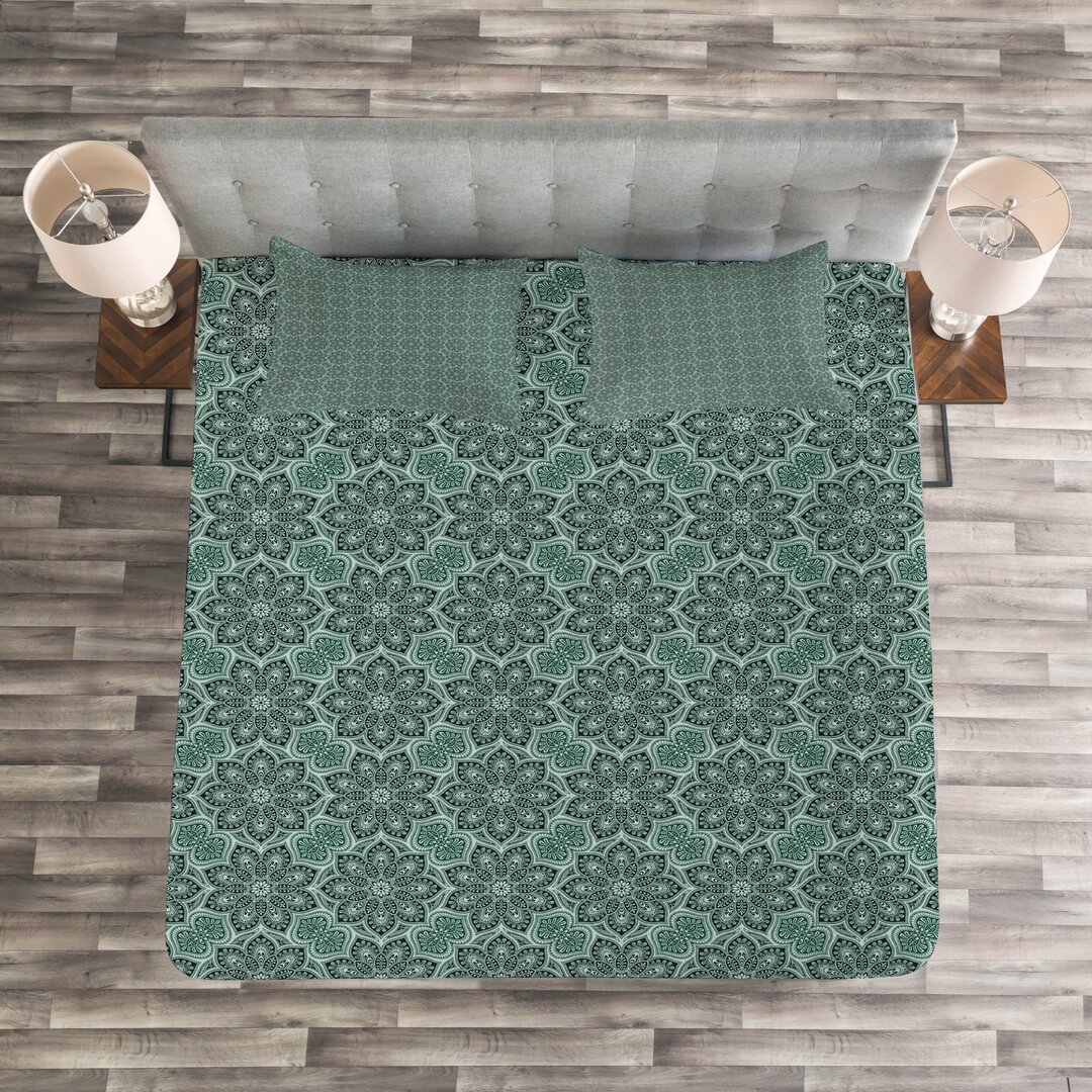 Gestepptes Bettdecken-Set, folkloristische Blumen, Ethnisch, Forest Green Seafoam