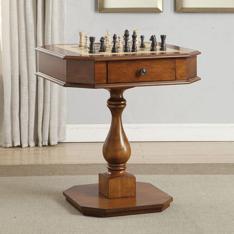 Square Top Game Table with Wooden Pedestal Base, Cherry
