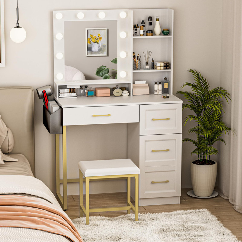 Makeup Vanity Table With Stool 2 Drawers, 3 Color Modes Available For Bedroom, White/Gold