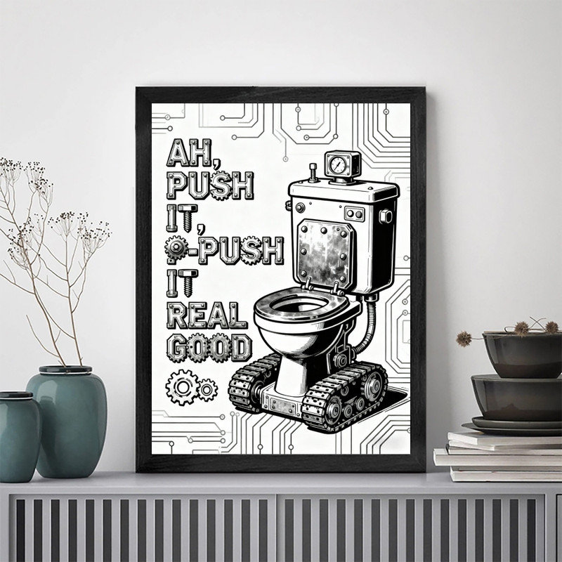Impression sur toile noire avec humour de toilette Steampunk, H 25 po x l 17 po