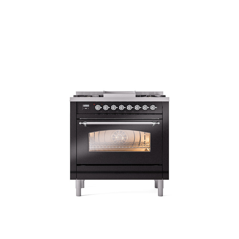 ILVE Nostalgie II Series 36 inch Dual Fuel Range with 6 Burners, Griddle (Glass Door), Blue Gray/Chrome, Natural Gas