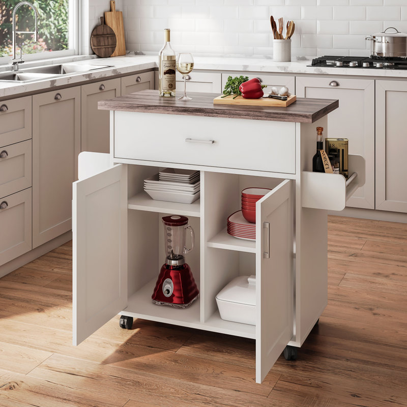 Techni Home Deluxe Mobile Kitchen Island Cart With Water Resistant Top, Storage Cabinets With Adjustable Shelves, And Towel & Spice Rack