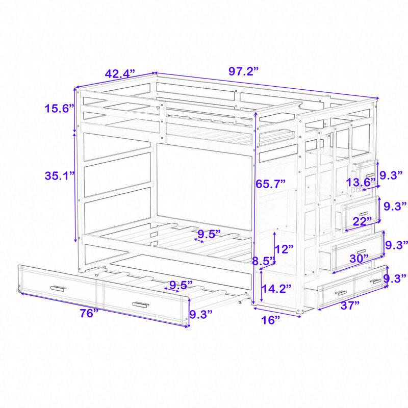 Goeman Kids Twin Over Twin Bunk Bed with Trundle with Drawers