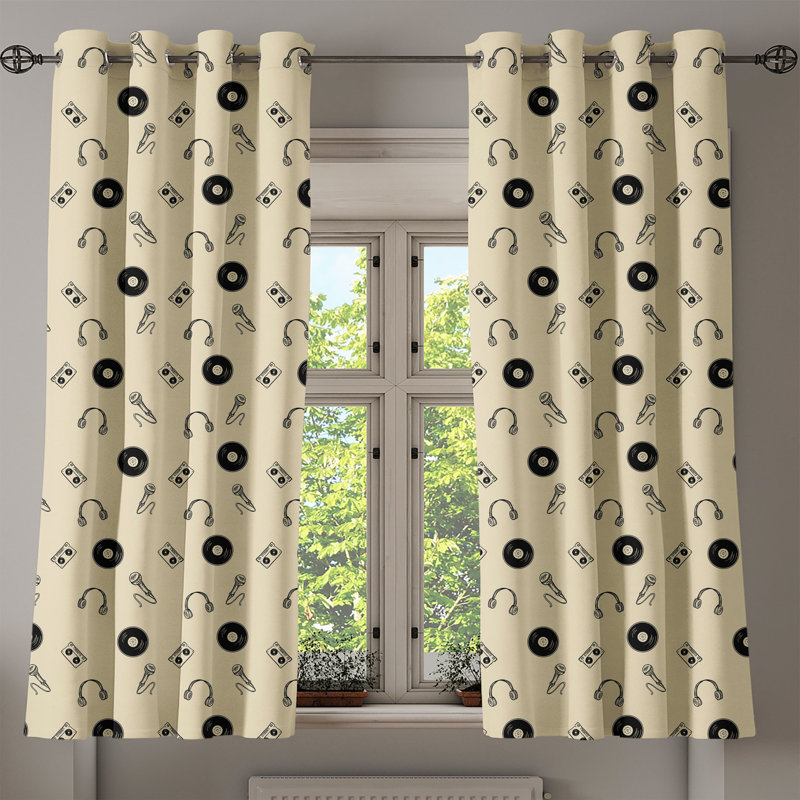 East Urban Home Music Grommet Curtain Decorative 2-Panel Window Drapes, 50" Cream Black, 50" W x 54" L