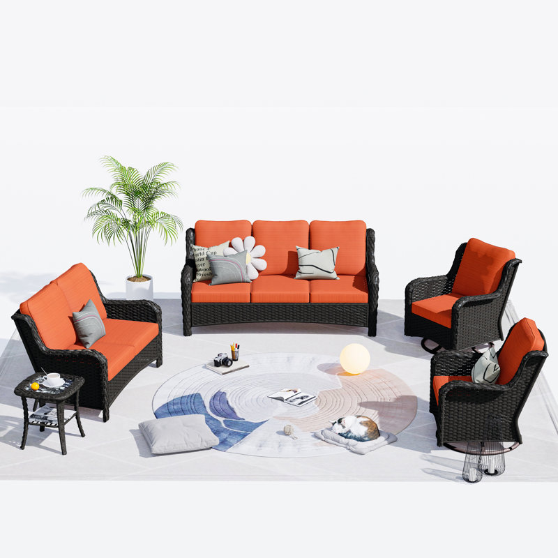 Ensemble de conversation pour 5 personnes avec coussins Karega, Orange-rouge, Brun