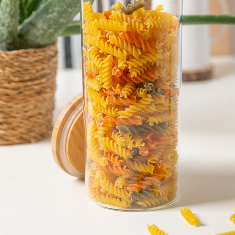 Argon Tableware - Scandi Glass Storage Jars with Wooden Lids - Set of 6, 23cm H x 10cm W x 10cm D