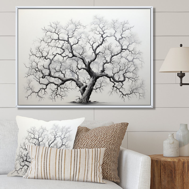 " Minimalism Grey Tree Solitude II ", White Floater Framed, 34" H x 44" W x 1.5" D