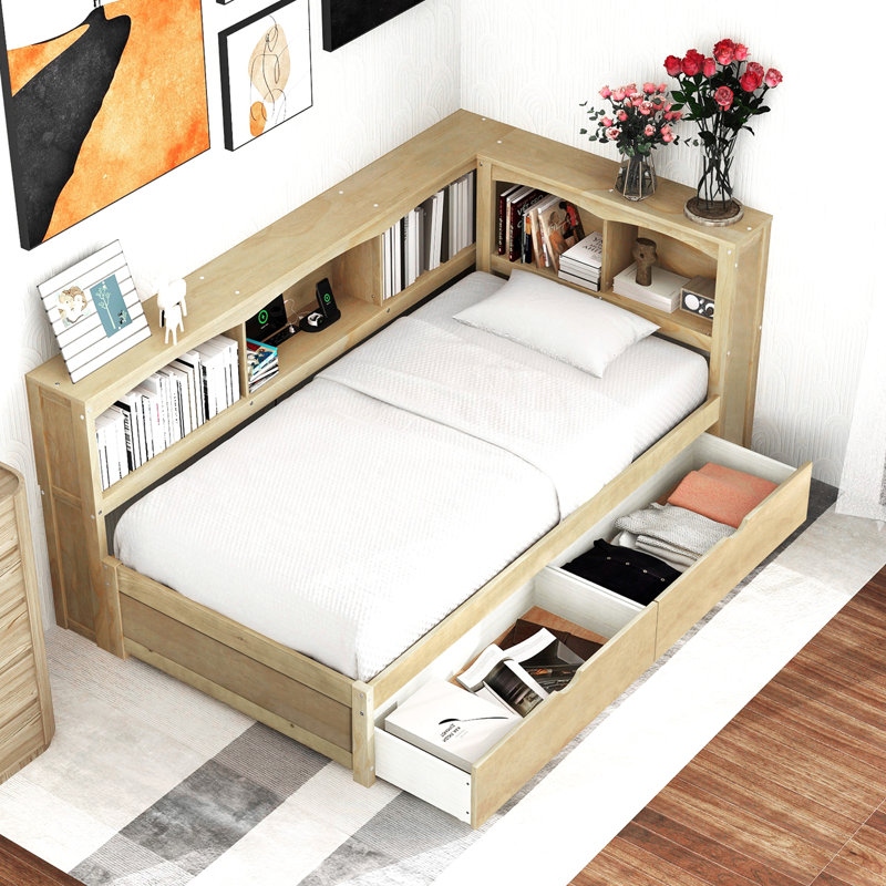 Lit de jour simple avec deux tiroirs de rangement, armoires de rangement et ports USB
