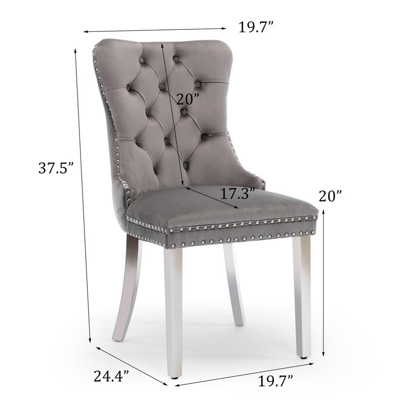 Chaises de salle à manger, chaise de salle à manger rembourrée haut de gamme avec anneau clouté, Argent, Velours gris velours