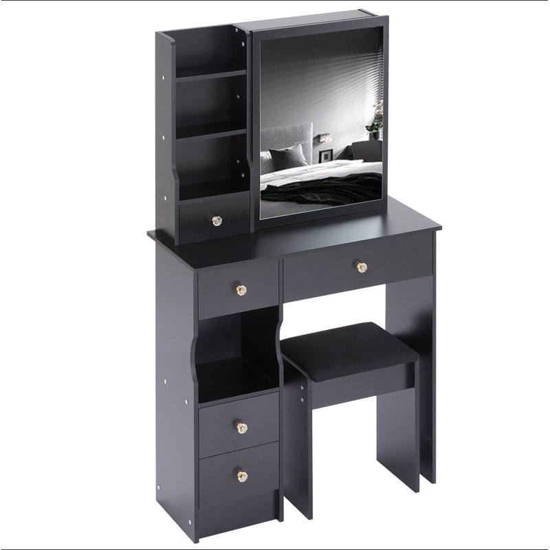 29.2" Small Space Left Drawer Desktop Vanity Table + Cushioned Stool, Extra Large Right Sliding Mirror, Multi Layer High Capacity Storage, Practical Fashionable Dresser, Suitable For Small Space