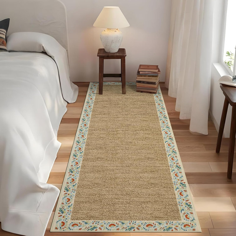 2x6 Floral Bordered Kitchen Rug – Minimalist, Non-Slip, Washable Runner for Hallways, Entryway, Bedroom, Runner 2' x 6'
