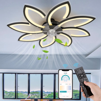 Ventilateur de plafond encastré moderne avec ensemble d'éclairage DEL à intensité variable, RC, pales réversibles, 6 vitesses - fleur