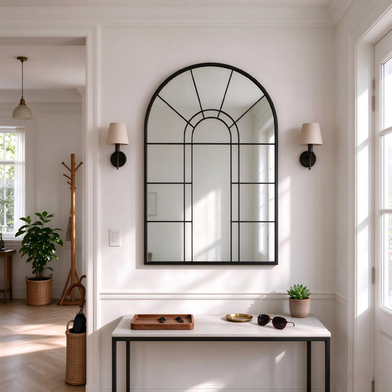 105 x 70 cm Arched Window Pane Mirror Metal Framed Wall Mirror Overmantel Mirror for Living Room Hallway Dining Room & Bedroom