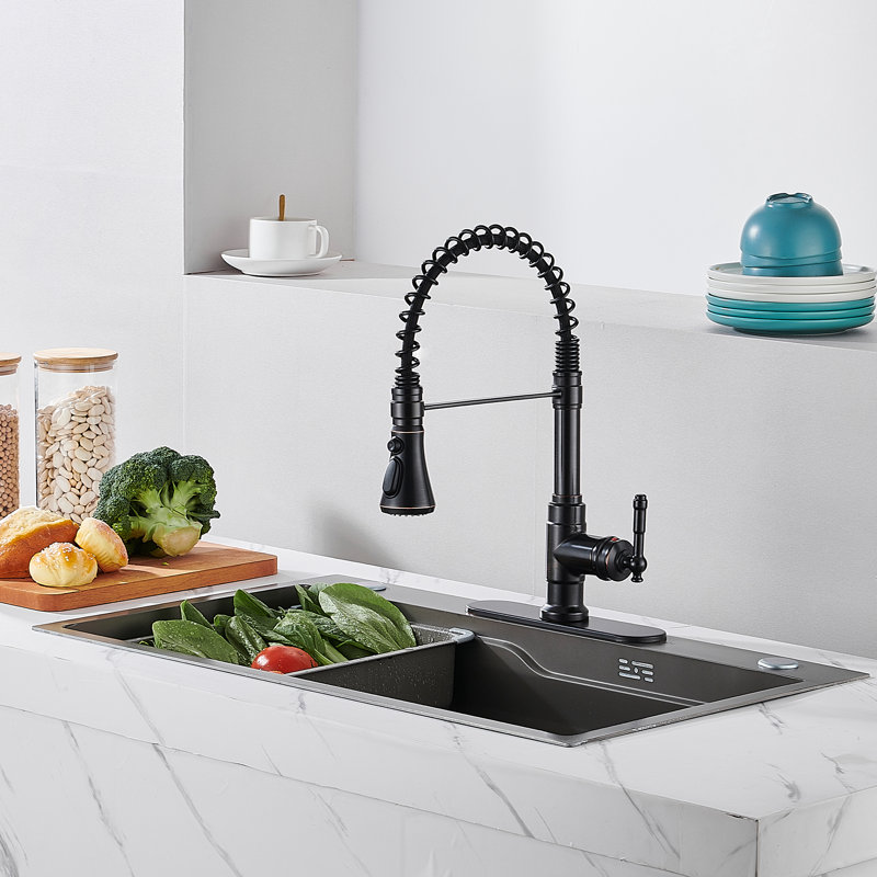 Robinet de cuisine rétractable à poignée simple avec plaque de pont, Bronze huilé
