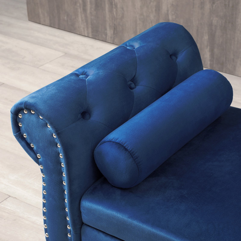 Aijia 63 "Velvet multifonctionnel banc de rangement rectangulaire canapé tabouret boutons capitonné avec garniture cloutée pieds en bois massif avec 1 coussin, bleu