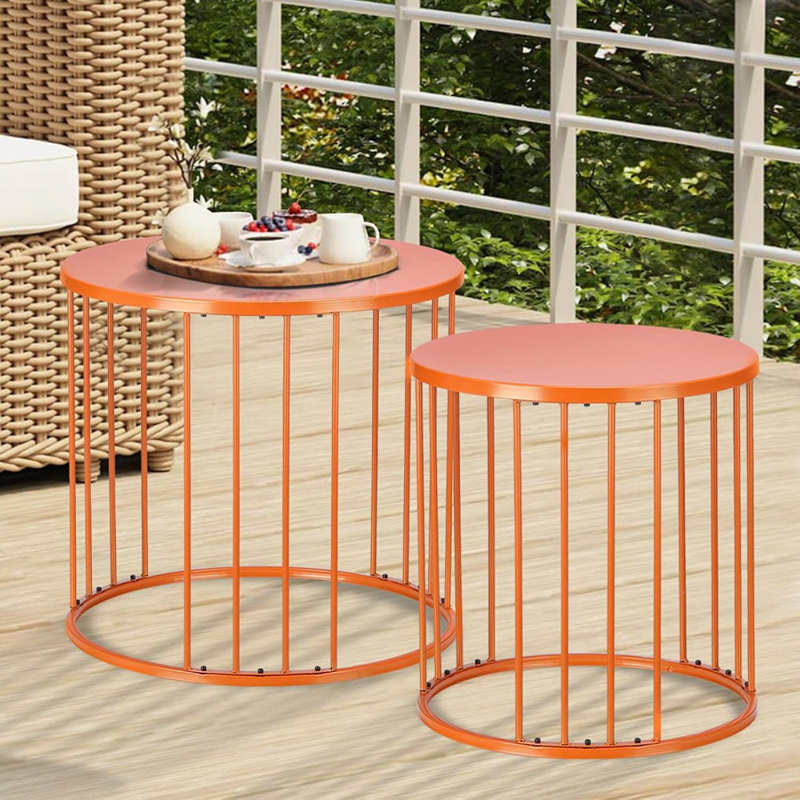 Ensemble de 2 tables d'appoint d'extérieur, tables d'appoint en métal pour salon de jardin, tables basses gigognes durables, orange