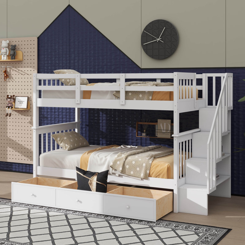 Twin-Over-Twin Bunk Bed With Steps & Three Drawers For Storage, Hardwood Stairway Style Bunk Bed, White
