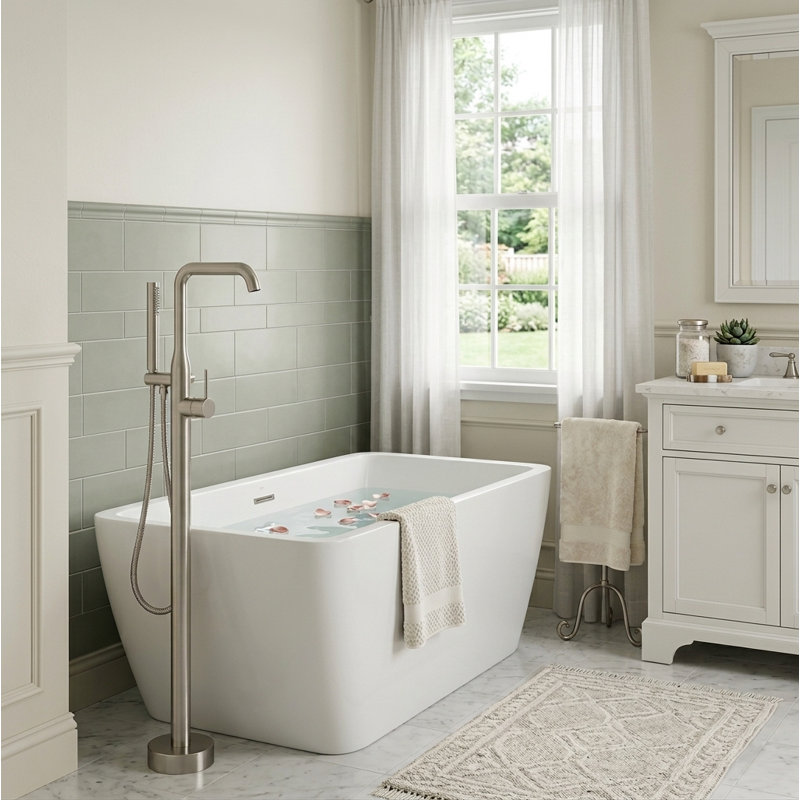 Single Handle Floor Mounted Tub Faucet, Brushed Nickel