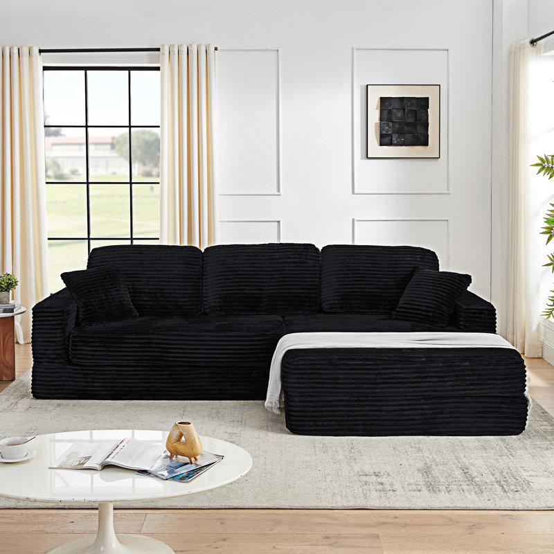 L Shape Modular Sectional Sofa, Black Corduroy, Right Hand Facing