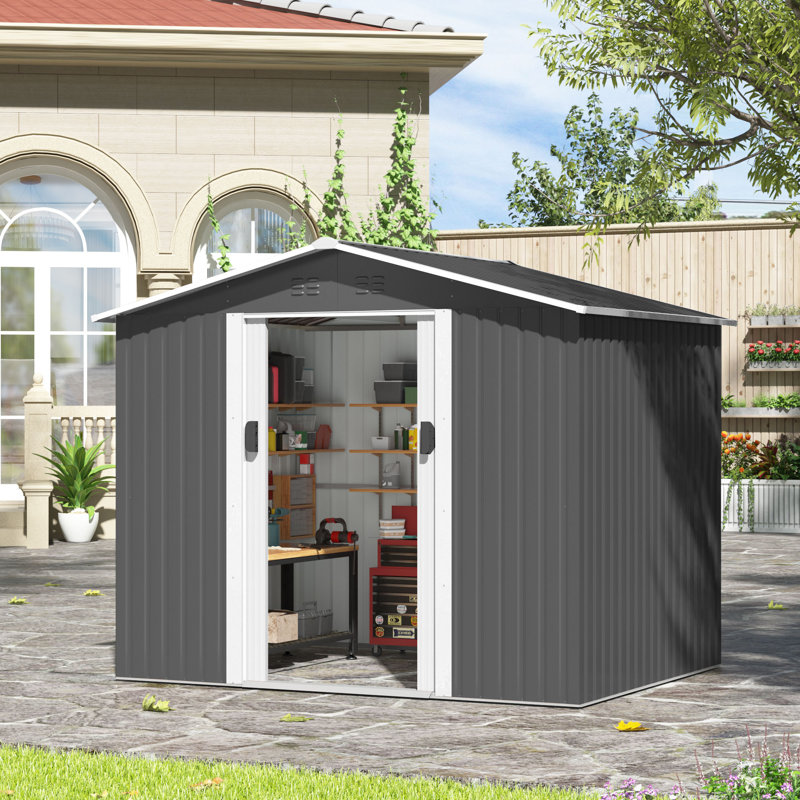8 ft. W x 6 ft. D Tool Storage Outdoor Storage Shed with  with Floor, Lockable Sliding Doors and Vents, Light Gray