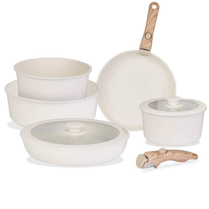 Ensemble de batterie de cuisine 9 pièces antiadhésif avec casseroles amovibles et couvercles en verre trempé allant au lave-vaisselle