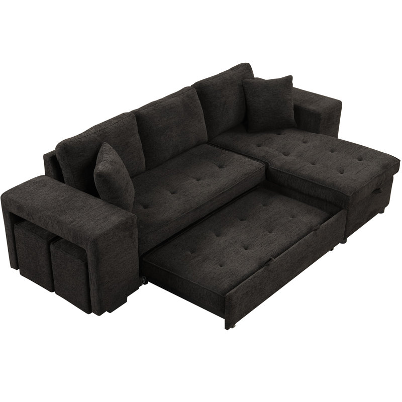 Canapé-lit d'angle moderne avec méridienne de rangement et 2 tabourets, tissu gris anthracite pratique
