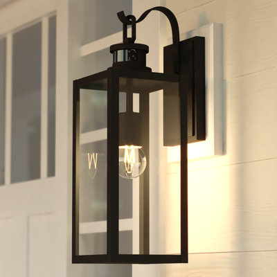 Clinton 18.25 In. H 1-Light Matte Black Motion Sensor Dusk To Dawn Outdoor Wall Sconce, Durable Steel, Clear Glass Shade, LED Compatible, Use For Exterior Porch Patio Front Door Or Garage