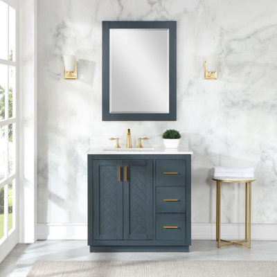 Gazsi 36" Single Bathroom Vanity Set With Grain White Engineered Stone Countertop With Mirror