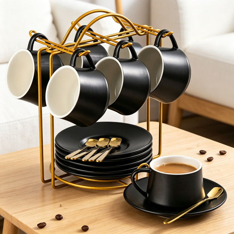 Ensemble de 6 tasses à demitasse en céramique avec support, soucoupes et cuillères, ensemble de petites tasses à espresso, latte, thé, noir