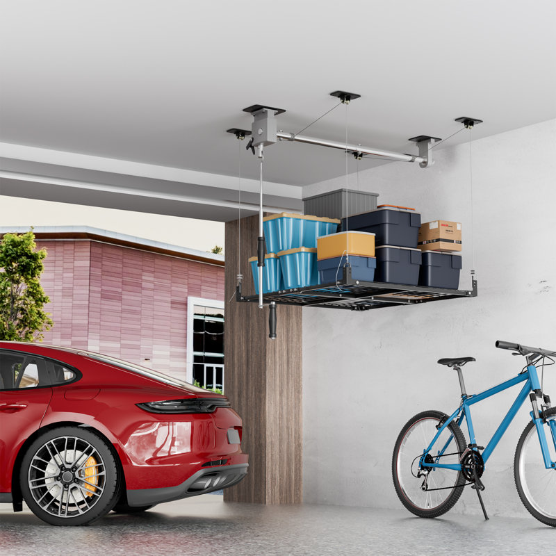 Élévateur de garage pour le rangement au plafond, système de rangement supérieur robuste de 4 pi 4 po, organisateur escamotable réglable pour sous-sol et atelier