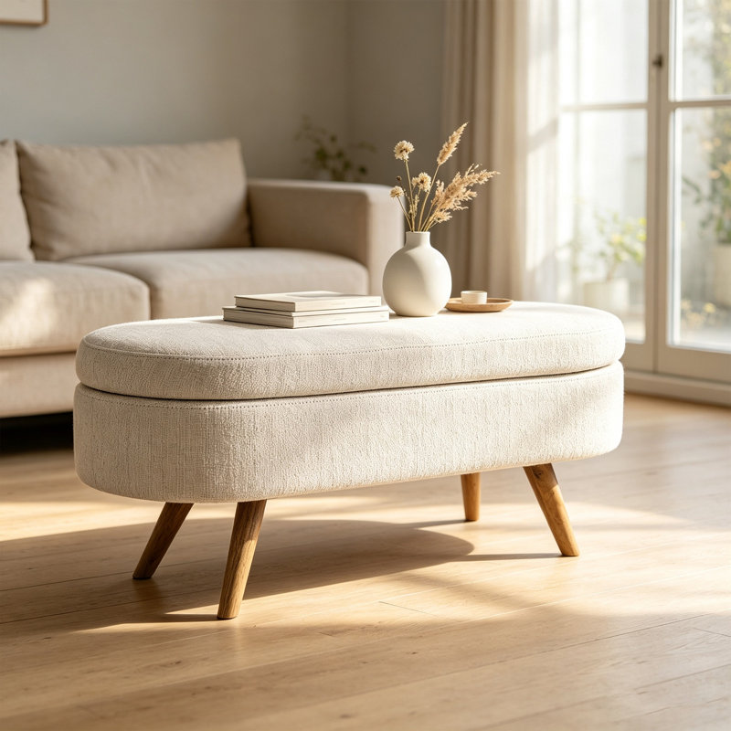 Banc de rangement ovale avec repose-pieds en bois d'hévéa, Tissu lin beige