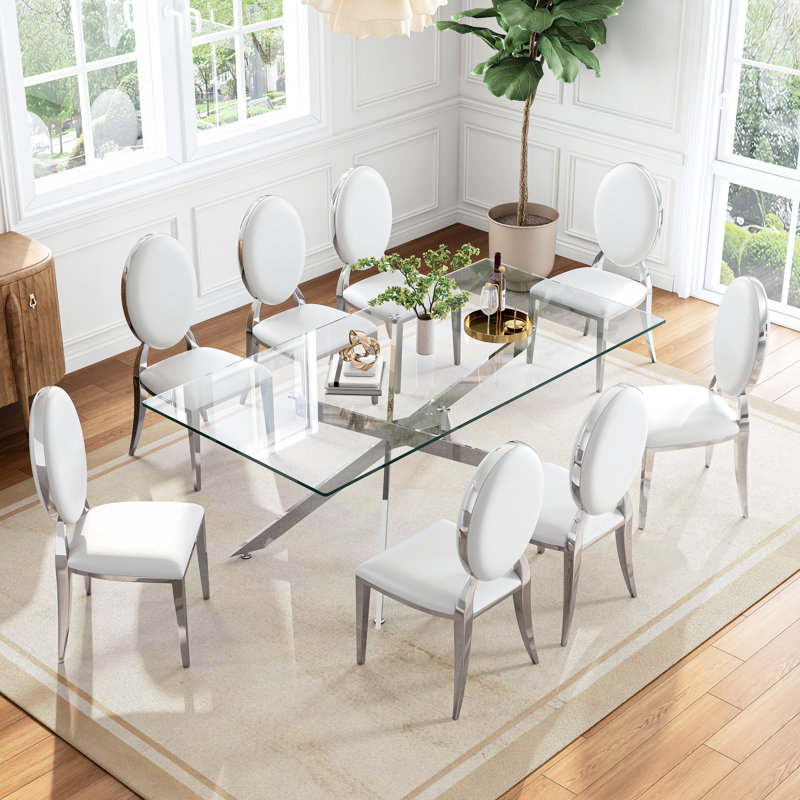 Modern Rectangle Dining Table Set For 8, 78.7" Tempered Glass Top And Stainless Steel Base With Oval PU Leather Dining Chairs