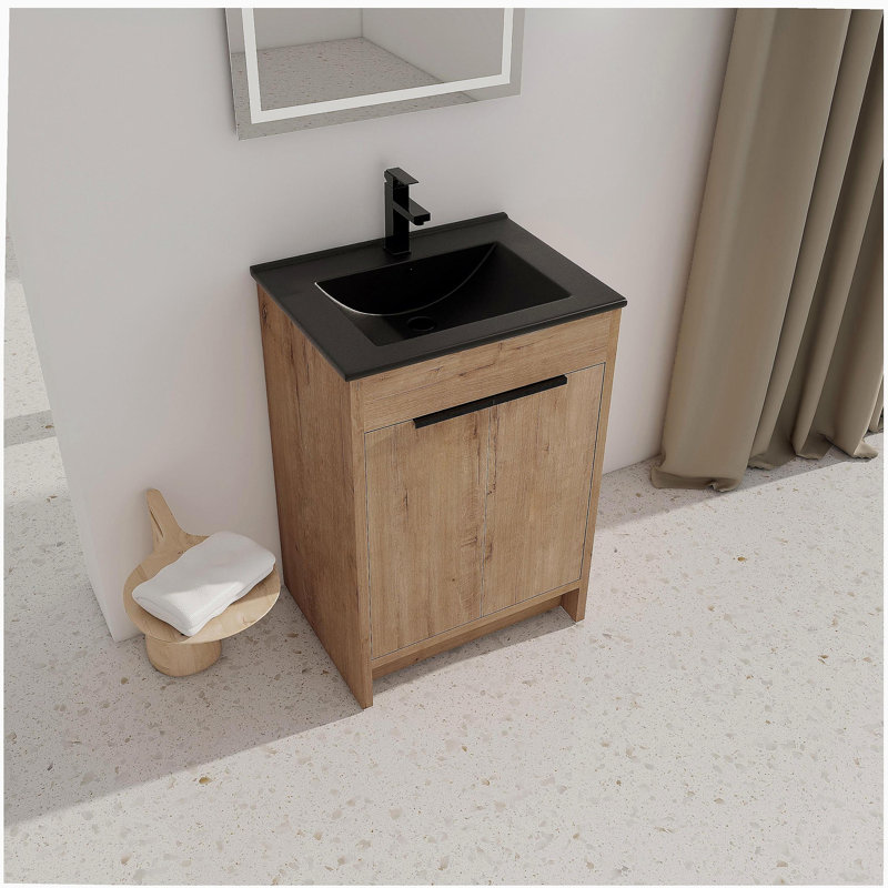 Meuble-lavabo autoportant de 24 po avec lavabo en céramique noire et 2 armoires à fermeture en douceur