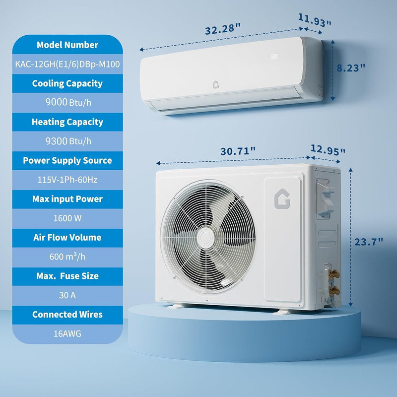 Mini pompe à chaleur CA / SE9 à 9 000 BTU 115V, 3 en 1, refroidissement / chauffage / déshumidificateur, ultra-silencieux 23-42dB avec ligne pré-chargée de 10 pieds pour la chambre à coucher, bureau à domicile
