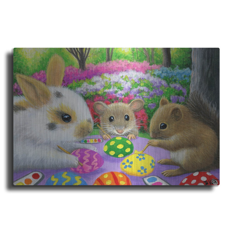 «The Holiday Aisle» Decorating The Eggs »par Bridget Voth, art mural en métal, H 24 po x l 36 po