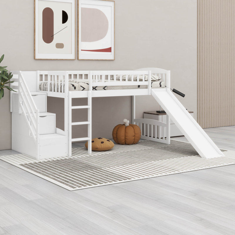 Space Efficient Pine Wood Frame Stairway Loft Bed With  Slide, Guardrails,Convertible Ladder, White