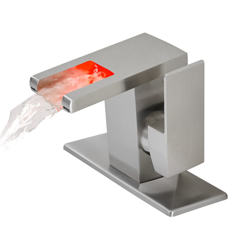 Robinet de lavabo de salle de bain à DEL, bec cascade, 3 couleurs changeant selon la température de l'eau, un trou fixé au comptoir, poignée simple, nickel brossé, eau chaude froide