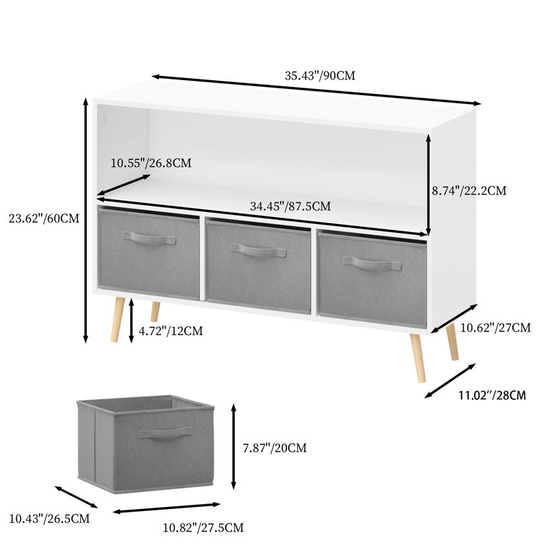 Children's Multi-Purpose Bookshelf With Collapsible Fabric Bins, White/Grey