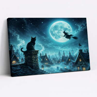 Black Cat Watching Witch Fly Over Fantasy Village Halloween Canvas Wall Art