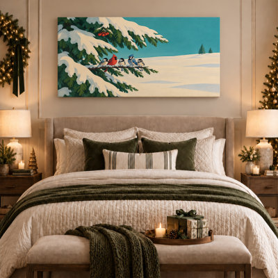 Red Cardinal Blue Jays And Chickadees On Snowy Christmas Canvas Wall Art