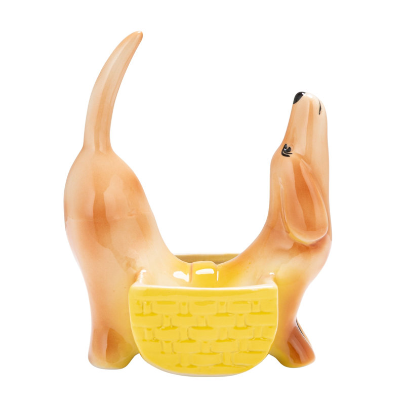 Jardinière en grès d'inspiration rétro en forme de chien à deux sections, brun, jaune et crème