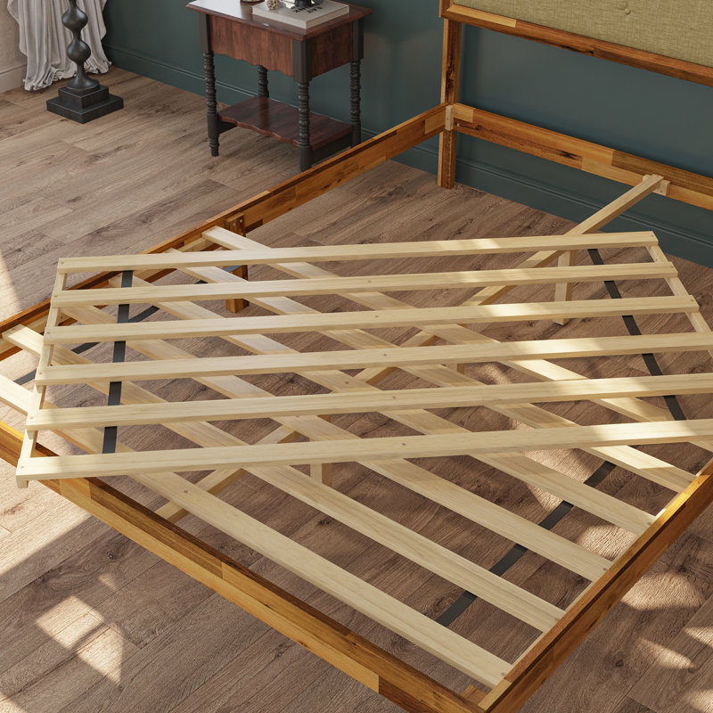 Rustic Solid Acacia Wood Platform Bed Frame With Upholstered Headboard, No Box Spring Needed