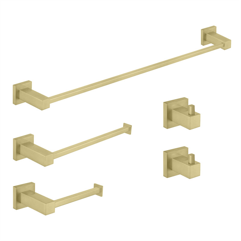 Cubic 5 - Piece Bathroom Hardware Set, Brush Gold