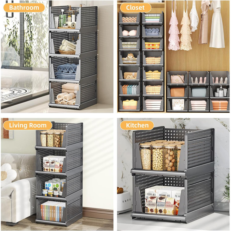 4-pack Grey Stackable Plastic Storage Baskets