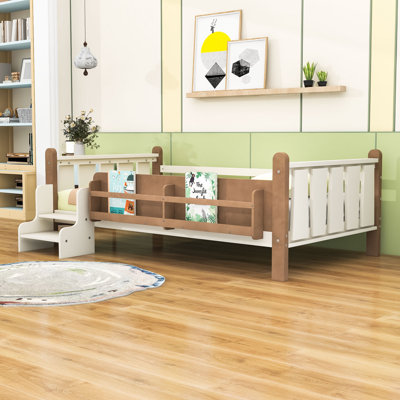 Wood Floor Bed with Storage Bookcases and Guardrails
