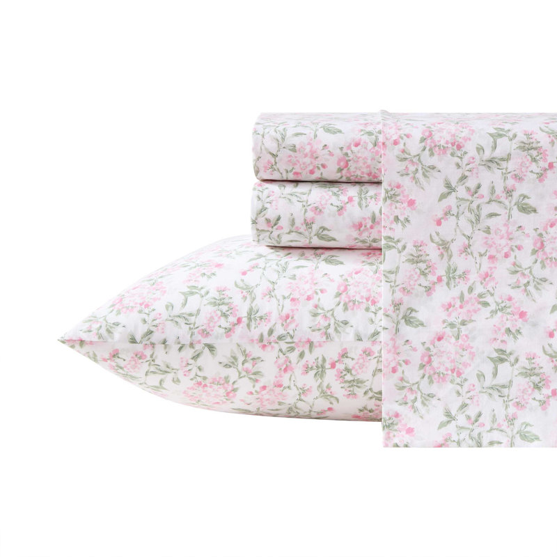 Laura Ashley Printed Cotton Percale Sheet Set, Queen Sheet Set with 2 Standard Pillowcases,  Pink Norella