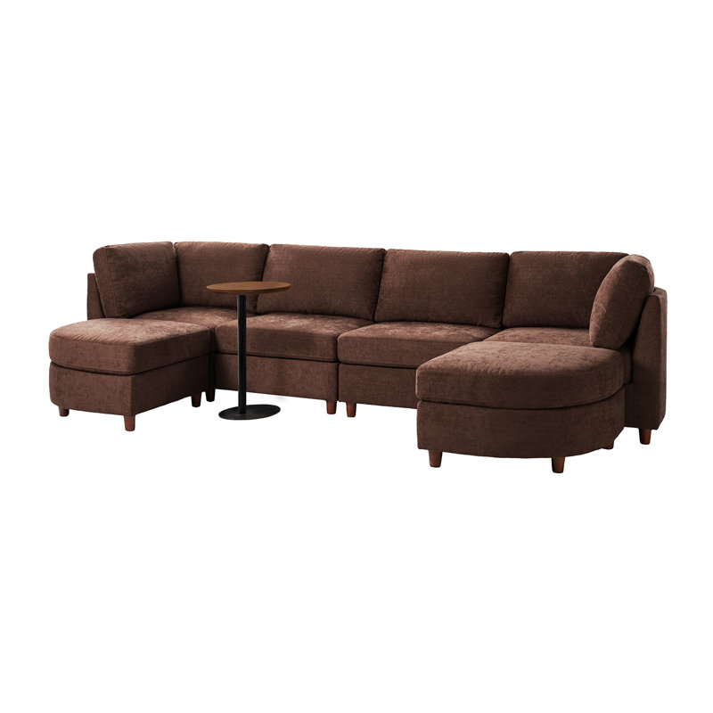 Dayman 125"W 6-Piece Modern Storage Convertible Sectional Sofa With End Table, Auburn Chenille
